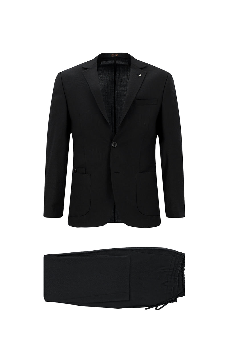 Siyah 7 Drop Super Slim Fit Eksra Dar Kesim Yünlü Ekose Beli Lastikli ?pli Gofre Tak?m Elbise-Abdullah Ki??l?