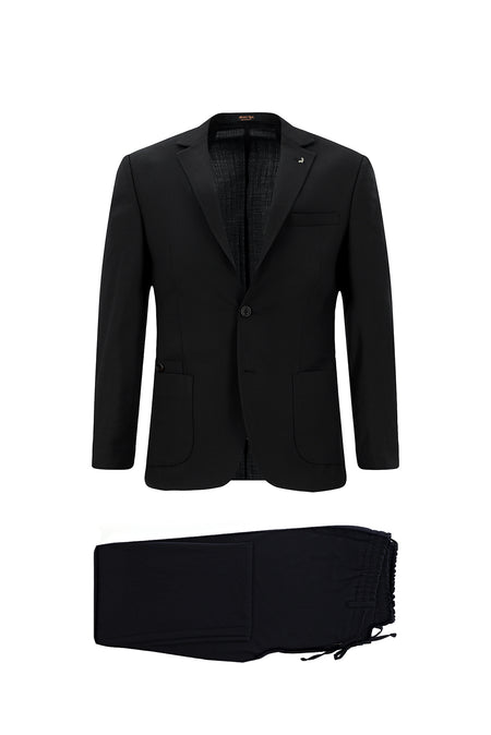 Koyu Lacivert Super Slim Fit Ekstra Dar Kesim Yünlü Ekose Beli Lastikli İpli Gofre Takım Elbise