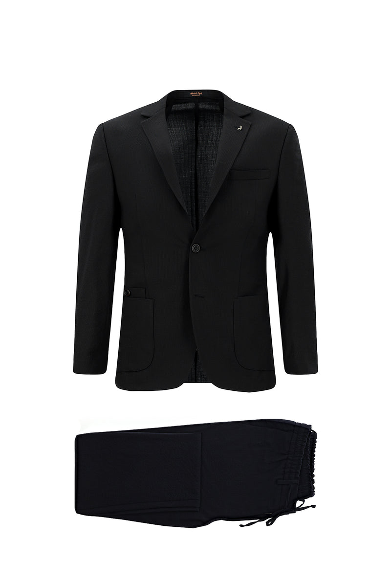 Koyu Lacivert Super Slim Fit Ekstra Dar Kesim Yünlü Ekose Beli Lastikli İpli Gofre Takım Elbise