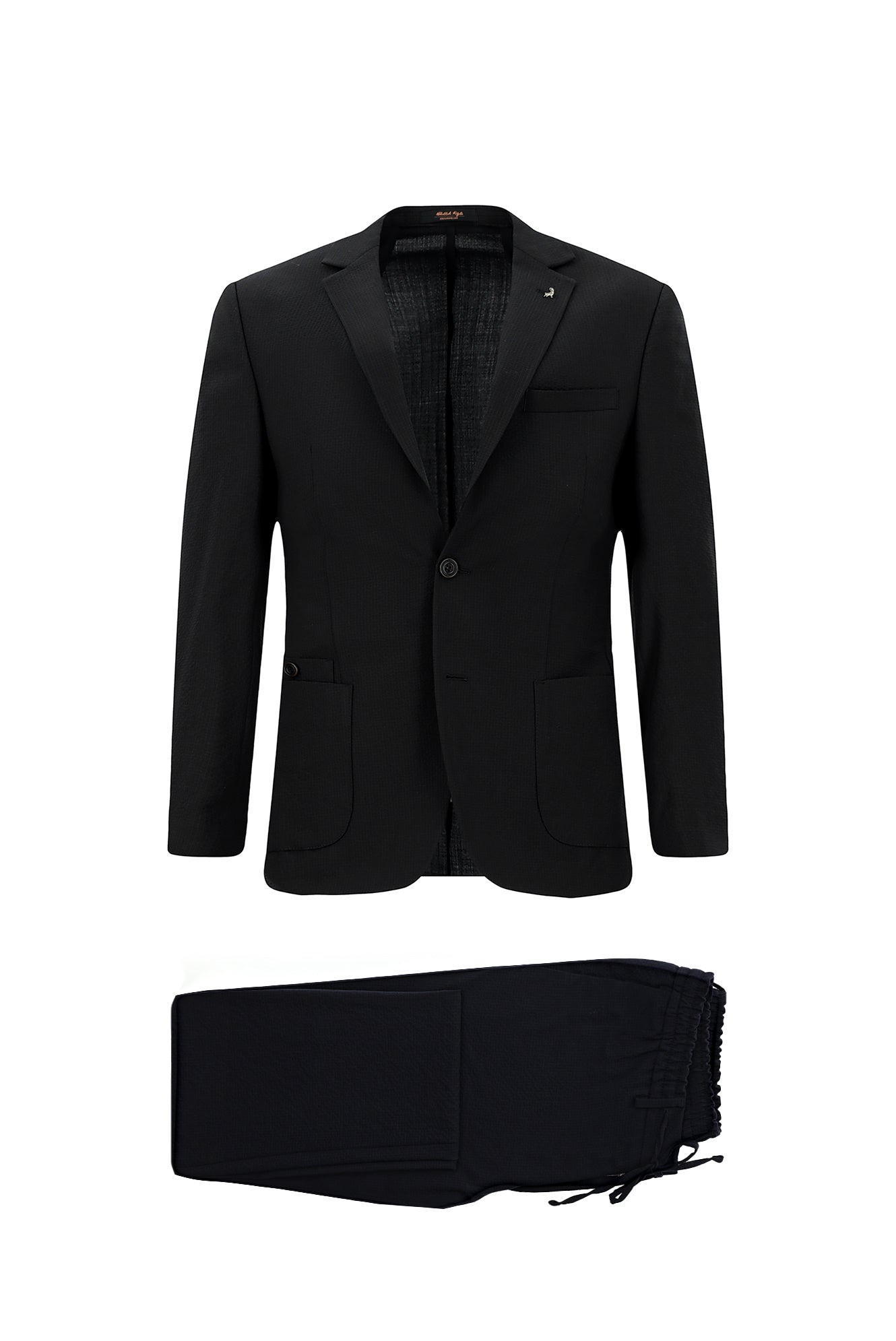 Koyu Lacivert Super Slim Fit Ekstra Dar Kesim Yünlü Ekose Beli Lastikli İpli Gofre Takım Elbise
