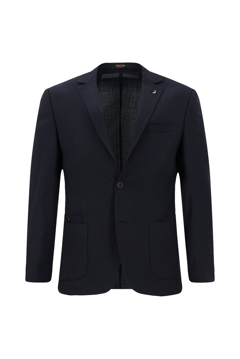 Koyu Lacivert Super Slim Fit Ekstra Dar Kesim Yünlü Ekose Beli Lastikli İpli Gofre Takım Elbise