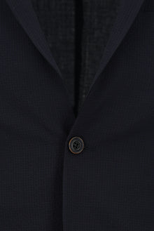 Koyu Lacivert Super Slim Fit Ekstra Dar Kesim Yünlü Ekose Beli Lastikli İpli Gofre Takım Elbise