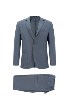 Aç?k Mavi 7 Drop Super Slim Fit Eksra Dar Kesim Yünlü Ekose Beli Lastikli ?pli Gofre Tak?m Elbise-Abdullah Ki??l?