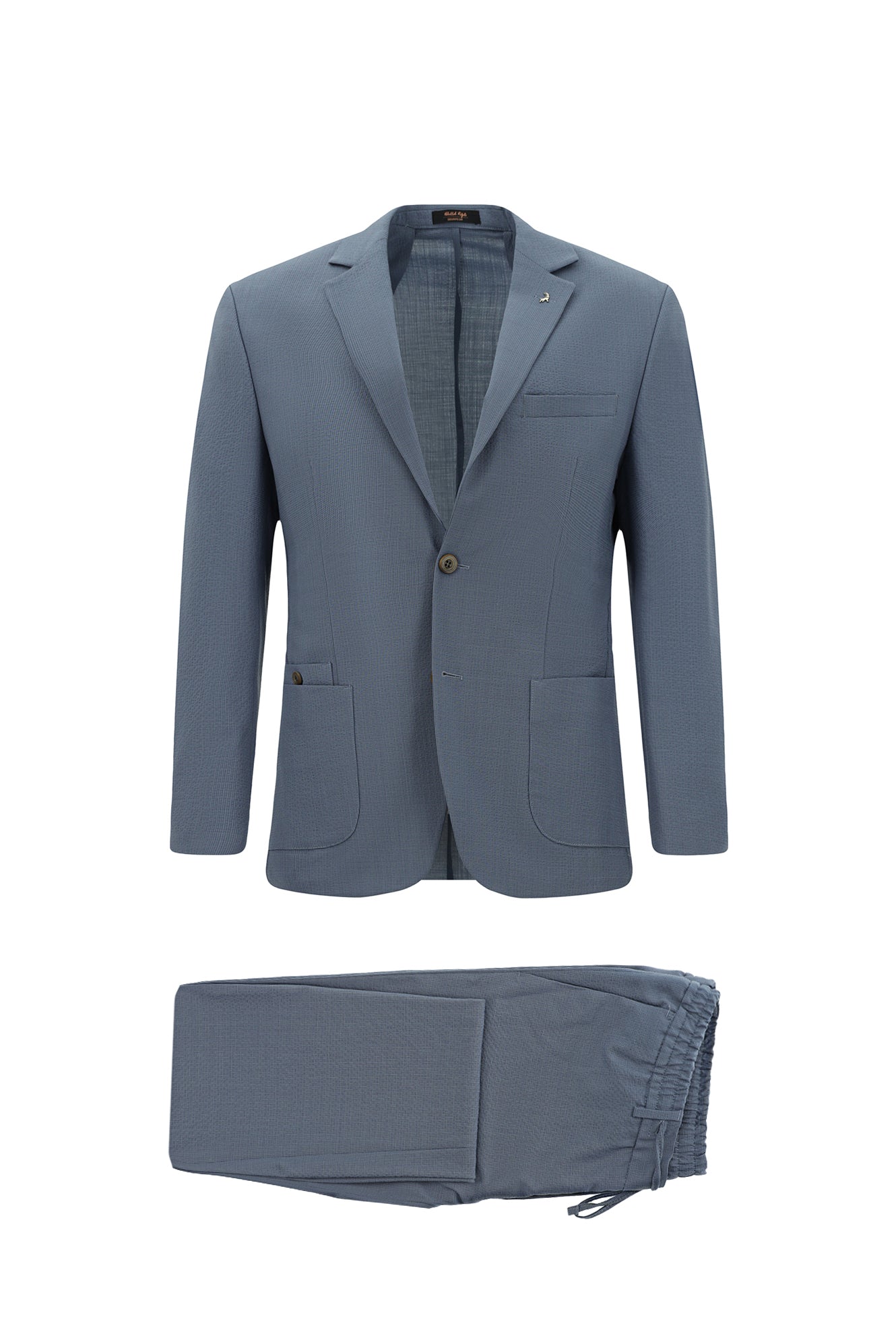 Açık Mavi Super Slim Fit Ekstra Dar Kesim Yünlü Ekose Beli Lastikli İpli Gofre Takım Elbise