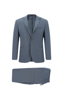 Açık Mavi Super Slim Fit Ekstra Dar Kesim Yünlü Ekose Beli Lastikli İpli Gofre Takım Elbise