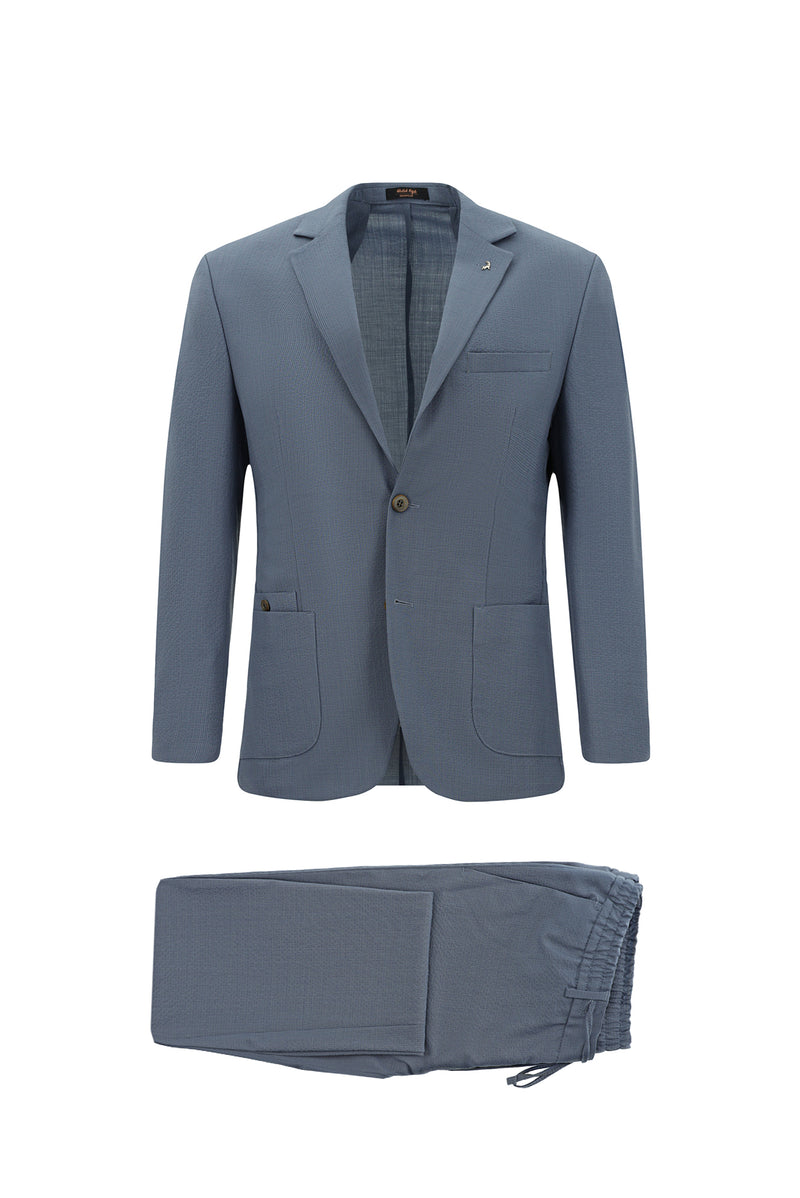 Açık Mavi Super Slim Fit Ekstra Dar Kesim Yünlü Ekose Beli Lastikli İpli Gofre Takım Elbise
