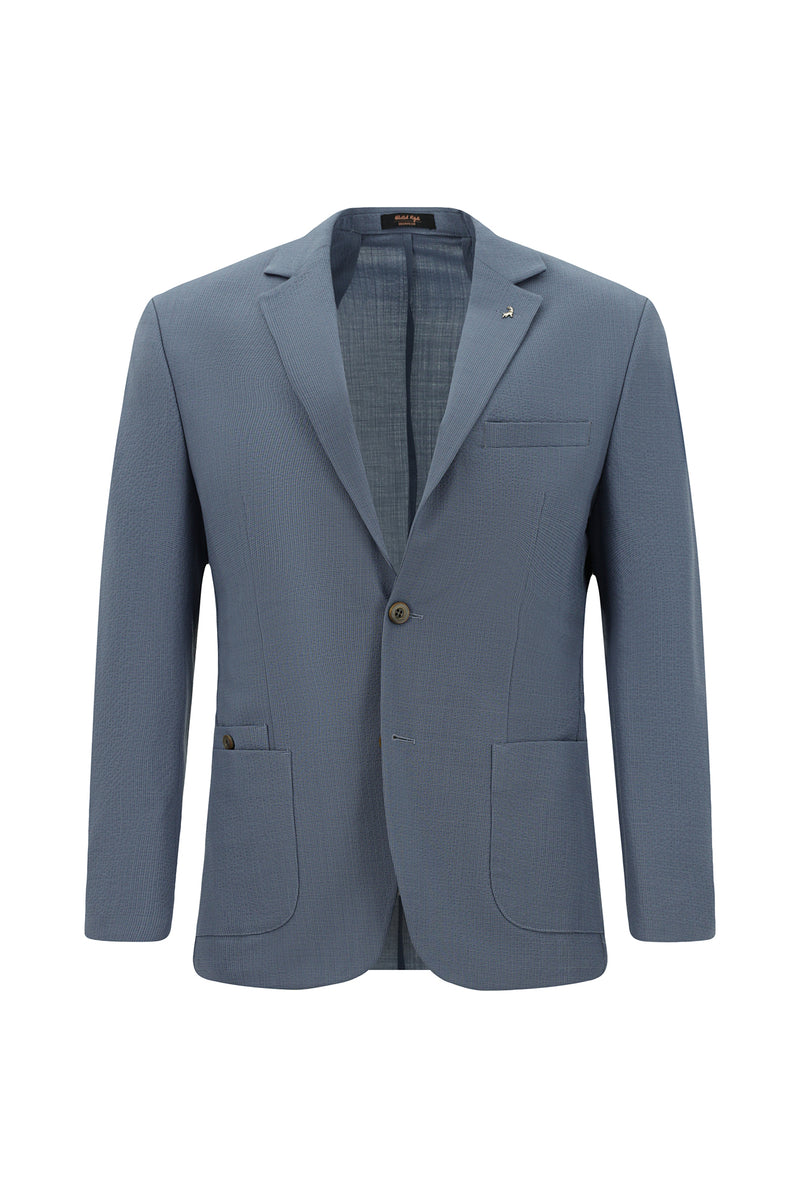 Açık Mavi Super Slim Fit Ekstra Dar Kesim Yünlü Ekose Beli Lastikli İpli Gofre Takım Elbise