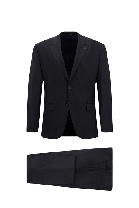 Koyu Lacivert Relaxed Fit Rahat Kesim Yünlü Klasik Ekose Takım Elbise