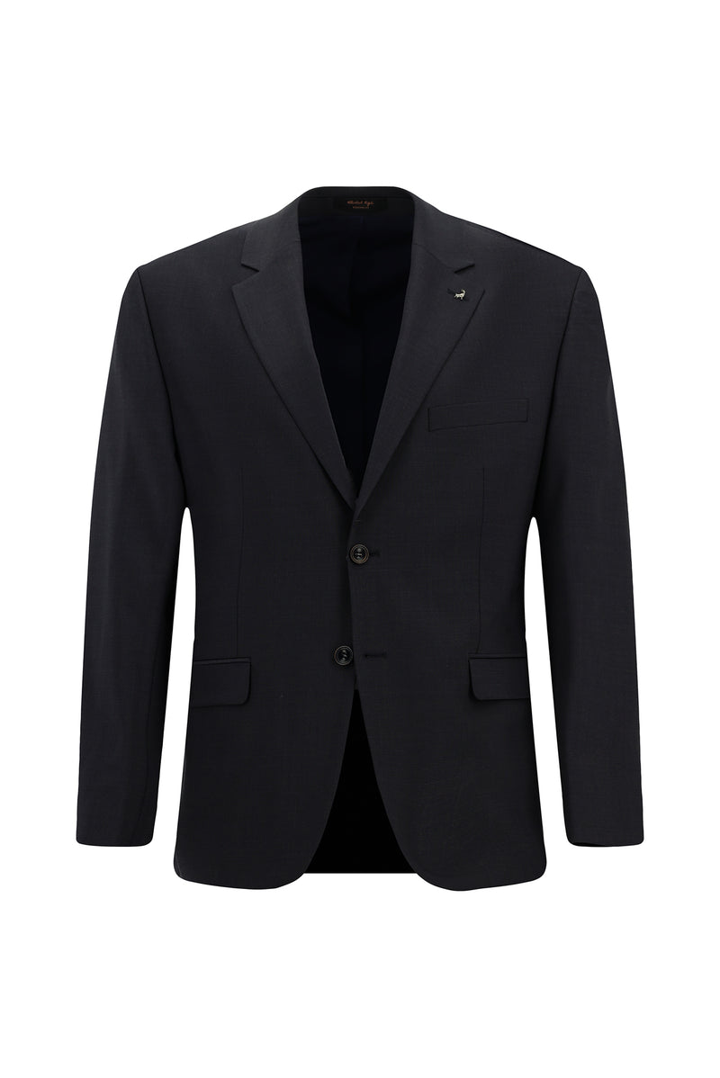 Koyu Lacivert Relaxed Fit Rahat Kesim Yünlü Klasik Ekose Takım Elbise