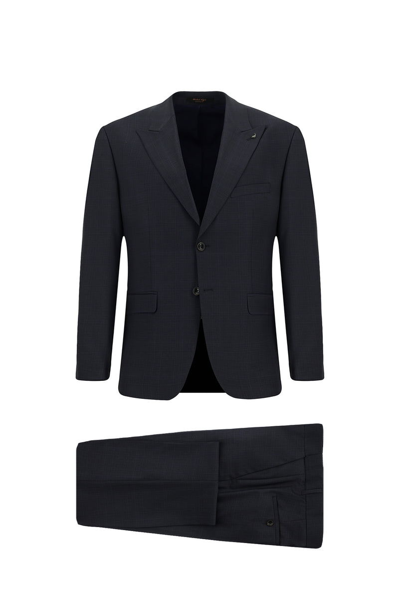 Orta Lacivert Relaxed Fit Rahat Kesim Klasik Yünlü Ekose Beli Lastikli Takım Ebise