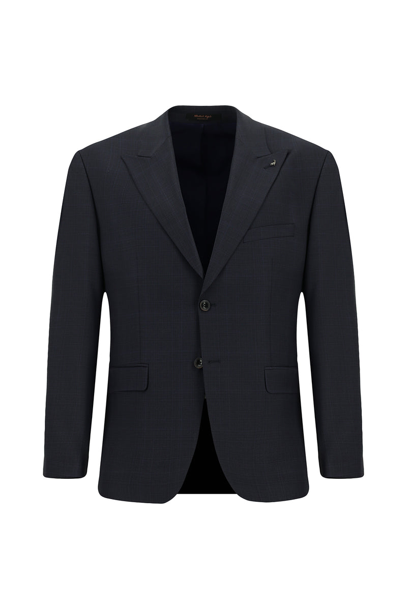 Orta Lacivert Relaxed Fit Rahat Kesim Klasik Yünlü Ekose Beli Lastikli Takım Ebise
