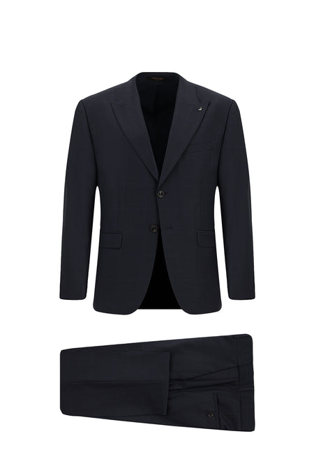 Koyu Lacivert Relaxed Fit Rahat Kesim Klasik Yünlü Ekose Beli Lastikli Takım Ebise