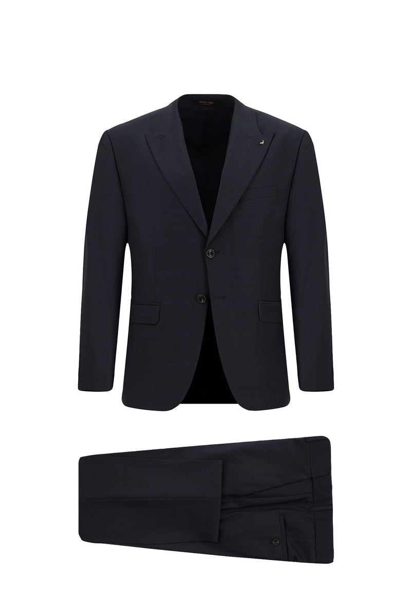 Koyu Lacivert Relaxed Fit Rahat Kesim Klasik Yünlü Ekose Beli Lastikli Takım Ebise