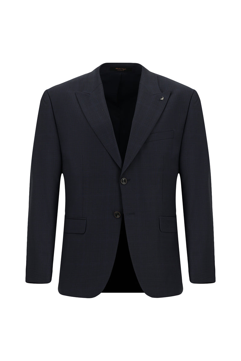 Koyu Lacivert Relaxed Fit Rahat Kesim Klasik Yünlü Ekose Beli Lastikli Takım Ebise