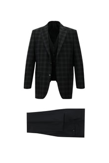 Siyah Regular Fit Yünlü Kombinli Yelekli Takım Elbise