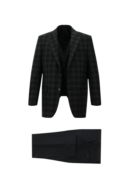 Siyah Regular Fit Yünlü Kombinli Yelekli Takım Elbise