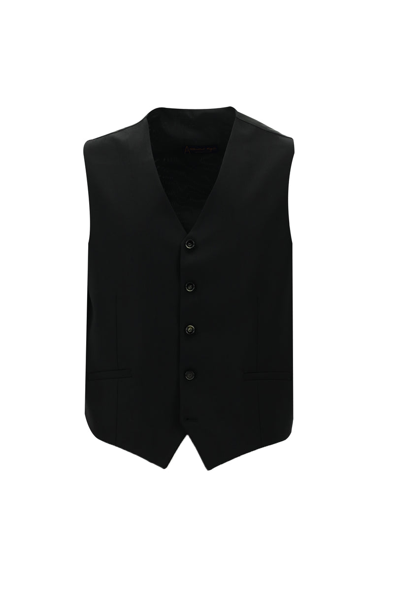 Siyah Relaxed Fit Rahat Kesim Yünlü Kombinli Yelekli Takım Elbise