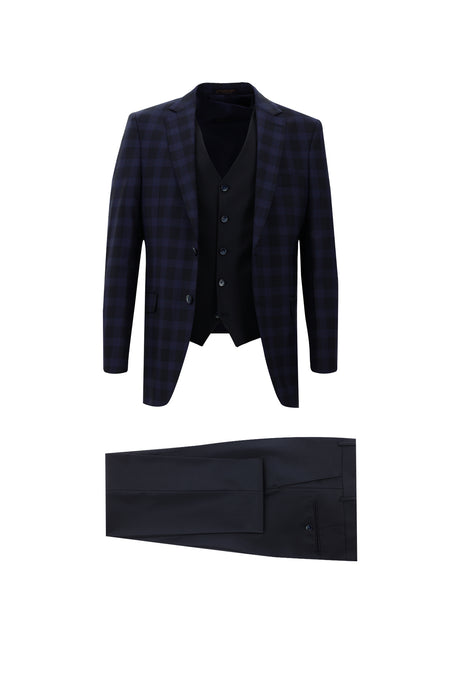 Koyu Lacivert 4 Drop Relaxed Fit Rahat Kesim Yünlü Kombinli Yelekli Tak?m Elbise-Abdullah Ki??l?
