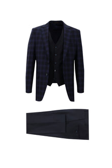 Koyu Lacivert Relaxed Fit Rahat Kesim Yünlü Kombinli Yelekli Takım Elbise