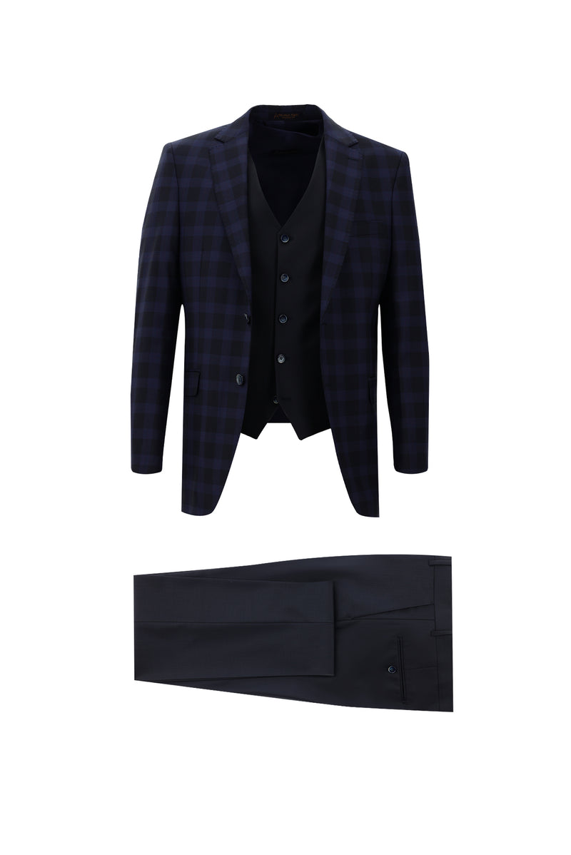 Koyu Lacivert Relaxed Fit Rahat Kesim Yünlü Kombinli Yelekli Takım Elbise