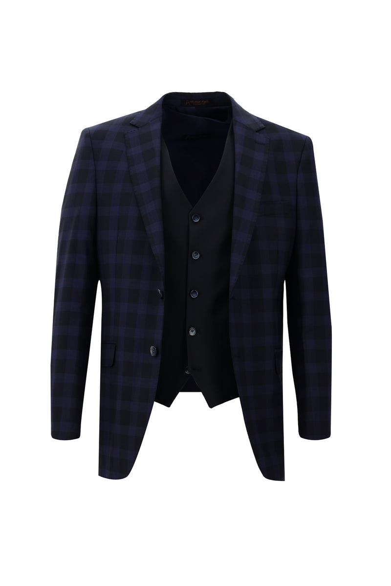 Koyu Lacivert Regular Fit Yünlü Kombinli Yelekli Takım Elbise