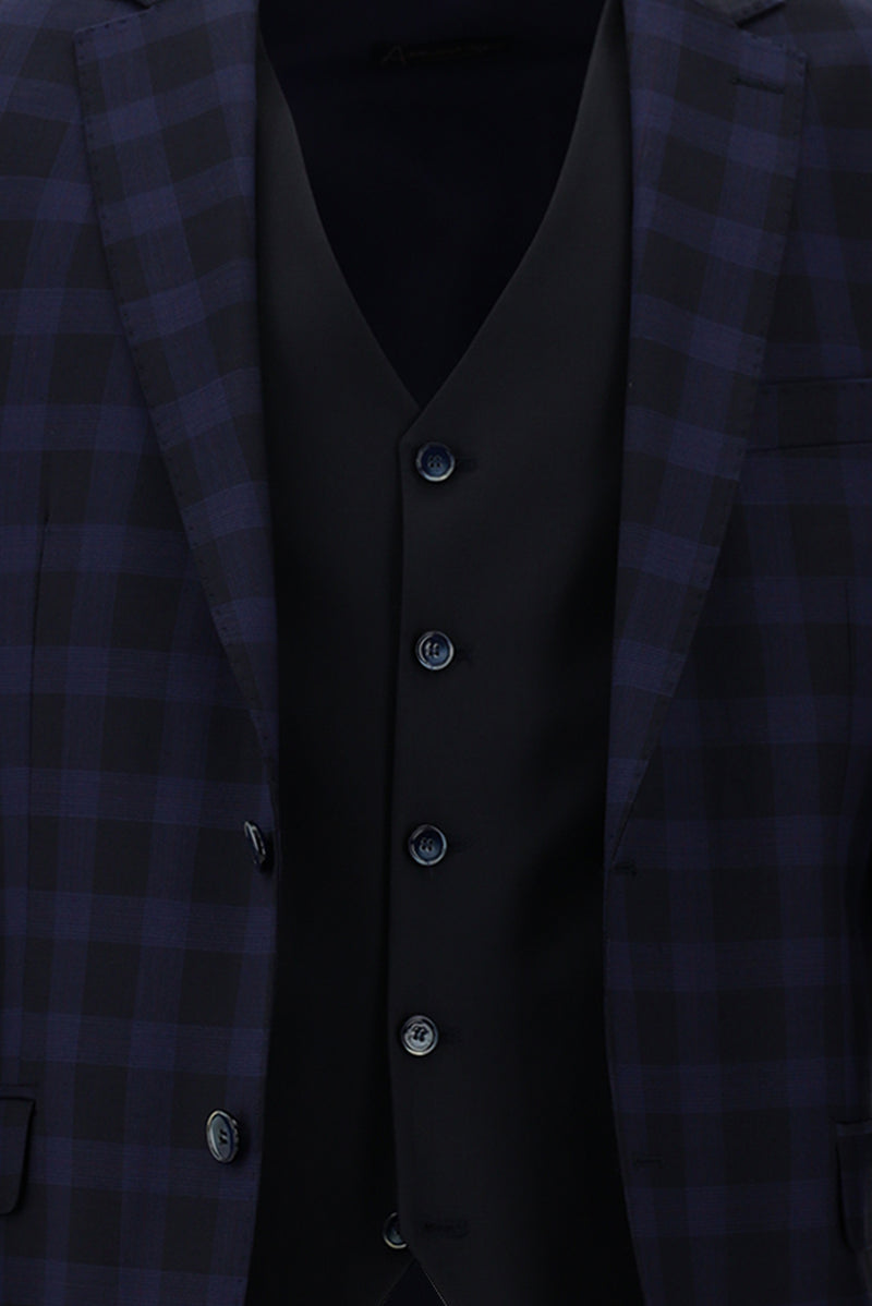 Koyu Lacivert Relaxed Fit Rahat Kesim Yünlü Kombinli Yelekli Takım Elbise