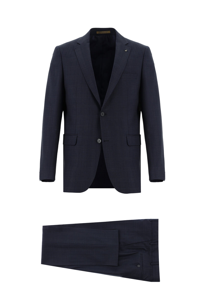 Koyu Lacivert Yünlü Klasik Ekose Guabello Takım Elbise