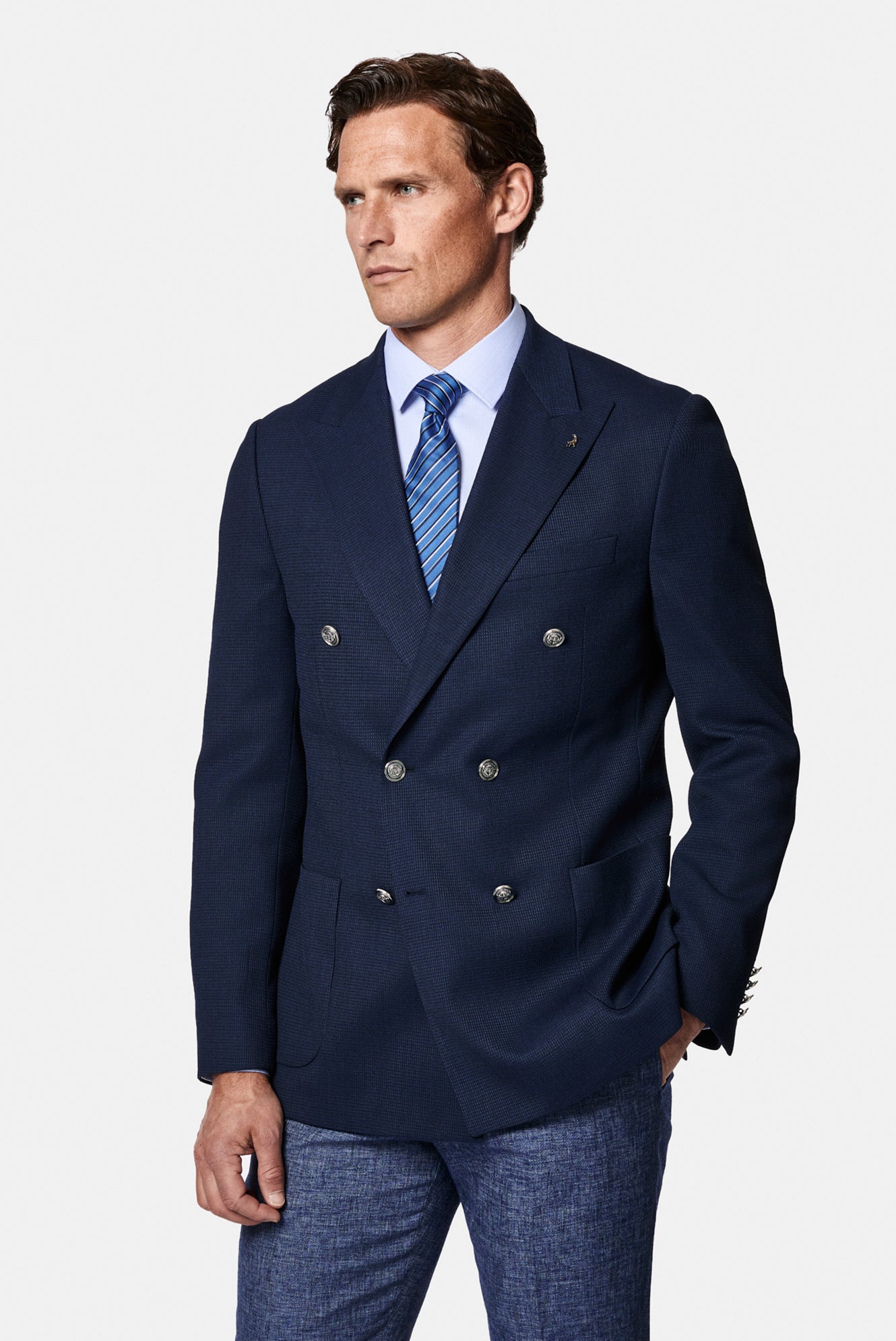 Orta Lacivert 6 Drop Regular Fit Standart Kesim Desenli Yünlü Sivri Yaka Kruvaze Blazer Ceket