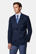 Orta Lacivert 6 Drop Regular Fit Standart Kesim Desenli Yünlü Sivri Yaka Kruvaze Blazer Ceket