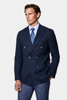 Orta Lacivert 6 Drop Regular Fit Standart Kesim Desenli Yünlü Sivri Yaka Kruvaze Blazer Ceket