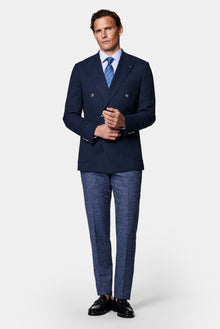 Orta Lacivert 6 Drop Regular Fit Standart Kesim Desenli Yünlü Sivri Yaka Kruvaze Blazer Ceket