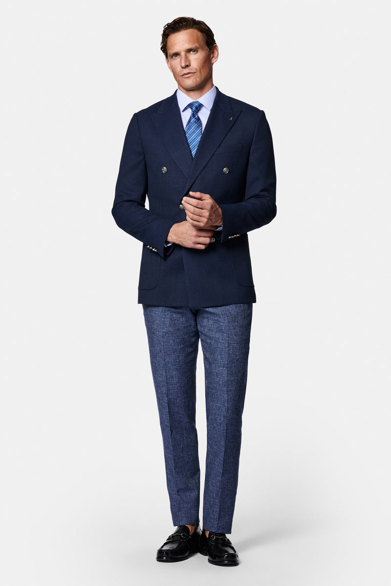 Orta Lacivert 6 Drop Regular Fit Standart Kesim Desenli Yünlü Sivri Yaka Kruvaze Blazer Ceket
