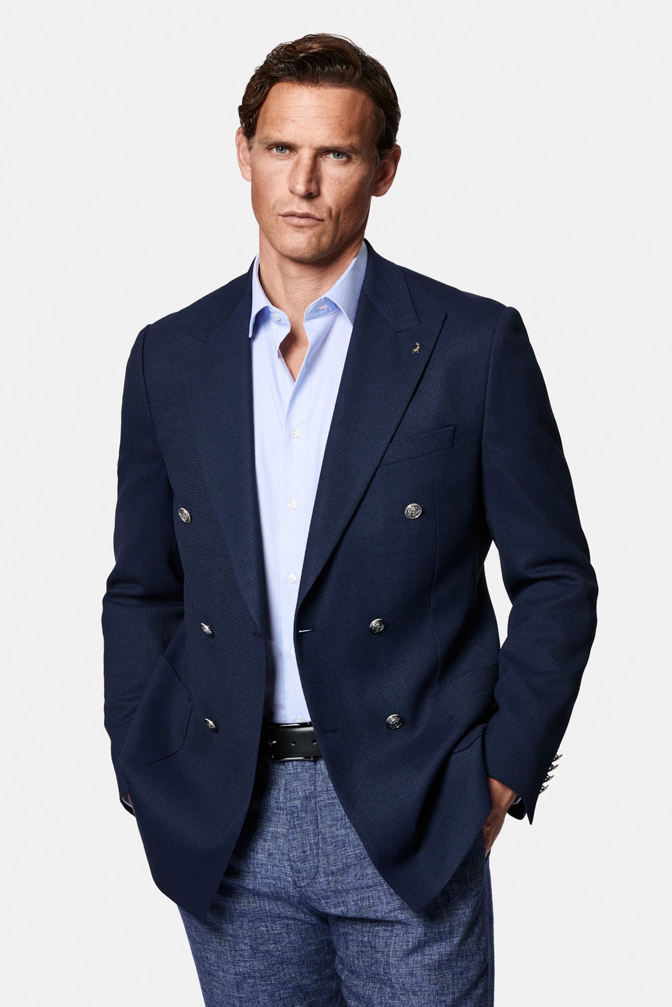 Orta Lacivert 6 Drop Regular Fit Standart Kesim Desenli Yünlü Sivri Yaka Kruvaze Blazer Ceket