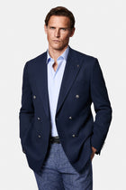 Orta Lacivert 6 Drop Regular Fit Standart Kesim Desenli Yünlü Sivri Yaka Kruvaze Blazer Ceket