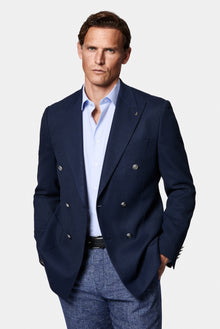 Orta Lacivert 6 Drop Regular Fit Standart Kesim Desenli Yünlü Sivri Yaka Kruvaze Blazer Ceket