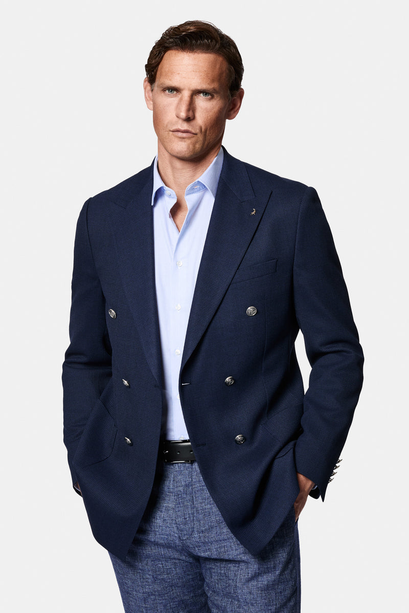 Orta Lacivert 6 Drop Regular Fit Standart Kesim Desenli Yünlü Sivri Yaka Kruvaze Blazer Ceket