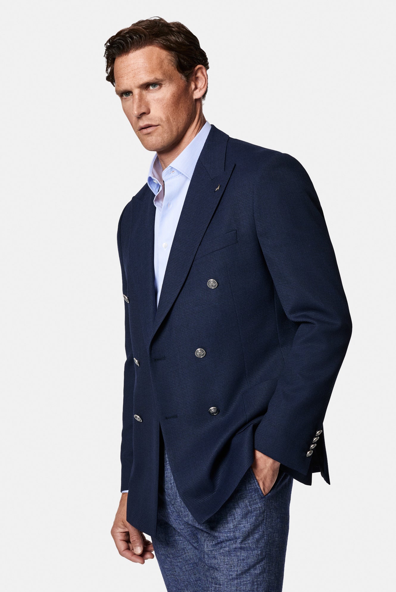 Orta Lacivert 6 Drop Regular Fit Standart Kesim Desenli Yünlü Sivri Yaka Kruvaze Blazer Ceket