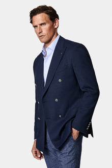 Orta Lacivert 6 Drop Regular Fit Standart Kesim Desenli Yünlü Sivri Yaka Kruvaze Blazer Ceket