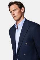 Orta Lacivert 6 Drop Regular Fit Standart Kesim Desenli Yünlü Sivri Yaka Kruvaze Blazer Ceket