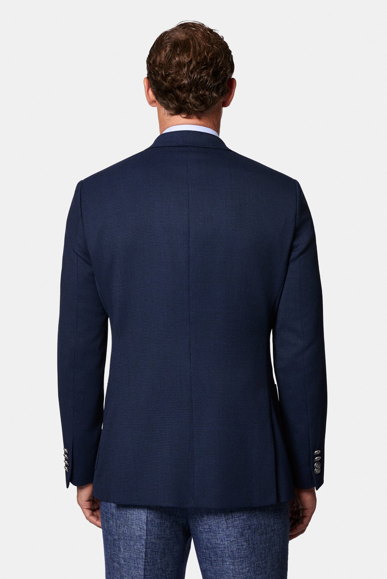 Orta Lacivert 6 Drop Regular Fit Standart Kesim Desenli Yünlü Sivri Yaka Kruvaze Blazer Ceket