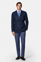 Orta Lacivert 6 Drop Regular Fit Standart Kesim Desenli Yünlü Sivri Yaka Kruvaze Blazer Ceket