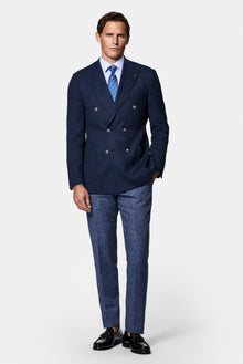 Orta Lacivert 6 Drop Regular Fit Standart Kesim Desenli Yünlü Sivri Yaka Kruvaze Blazer Ceket