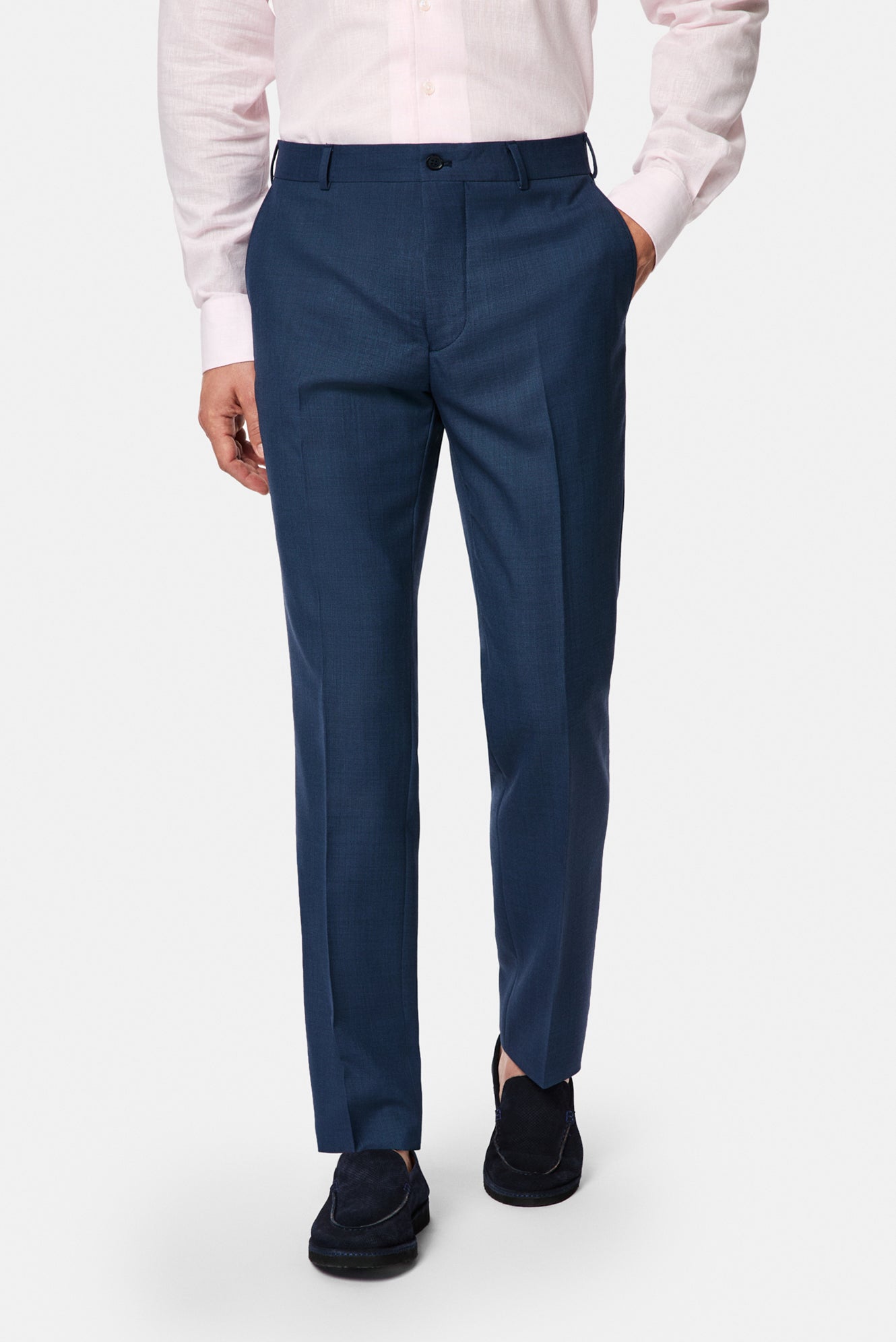 Orta Lacivert 7 Drop Slim Fit Dar Kesim Yünlü Klasik Kumaş Pantolon