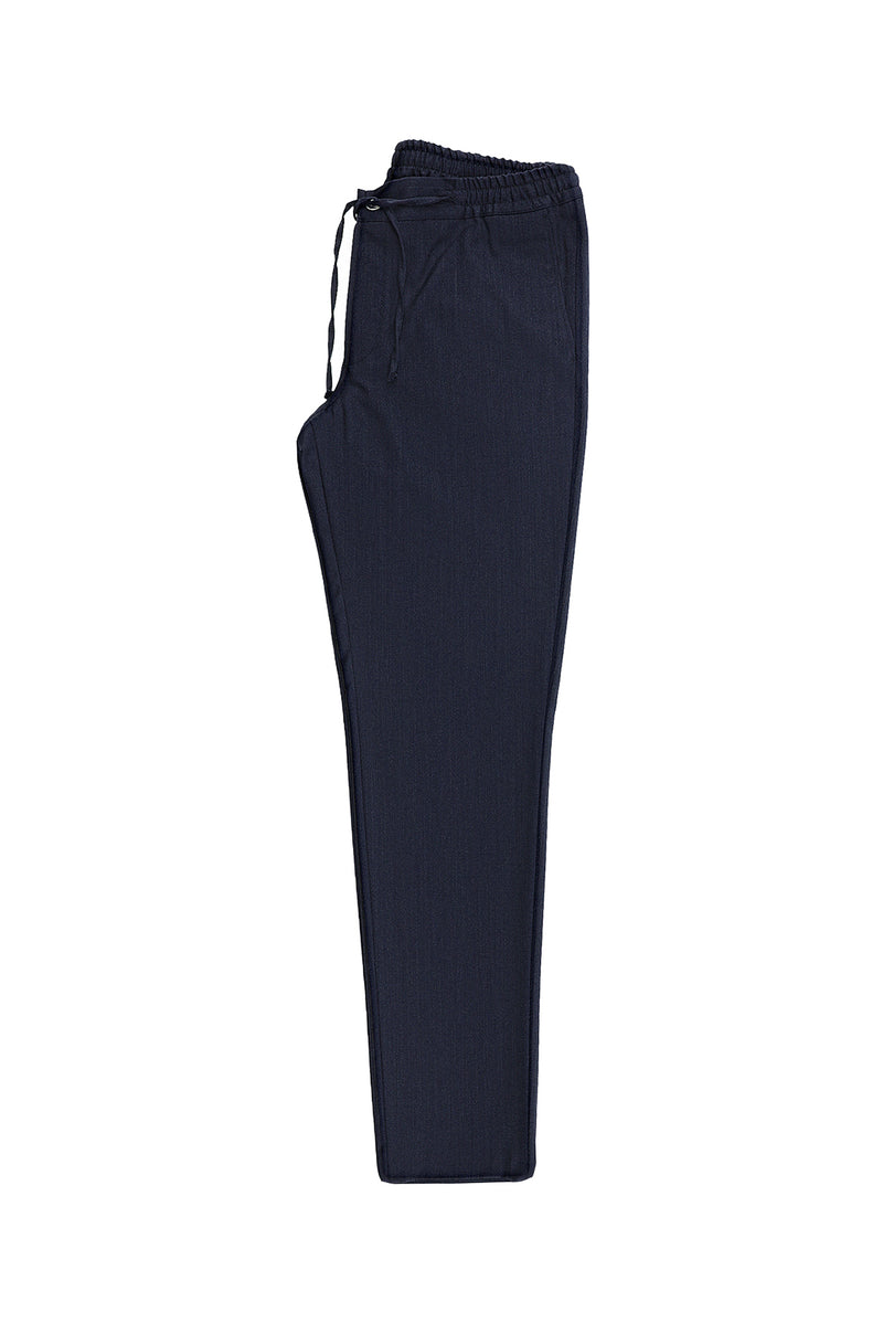 Orta Lacivert 7 Drop Super Slim Fit Eksra Dar Kesim Yünlü Beli Lastikli İpli Pantolon