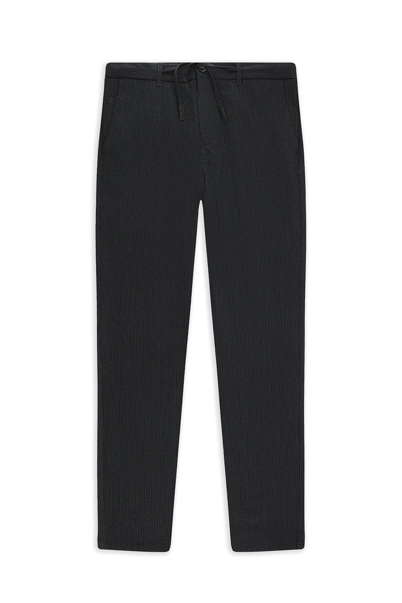 Siyah Regular Fit Beli İpli Likralı Gofre Klasik Kumaş Pantolon