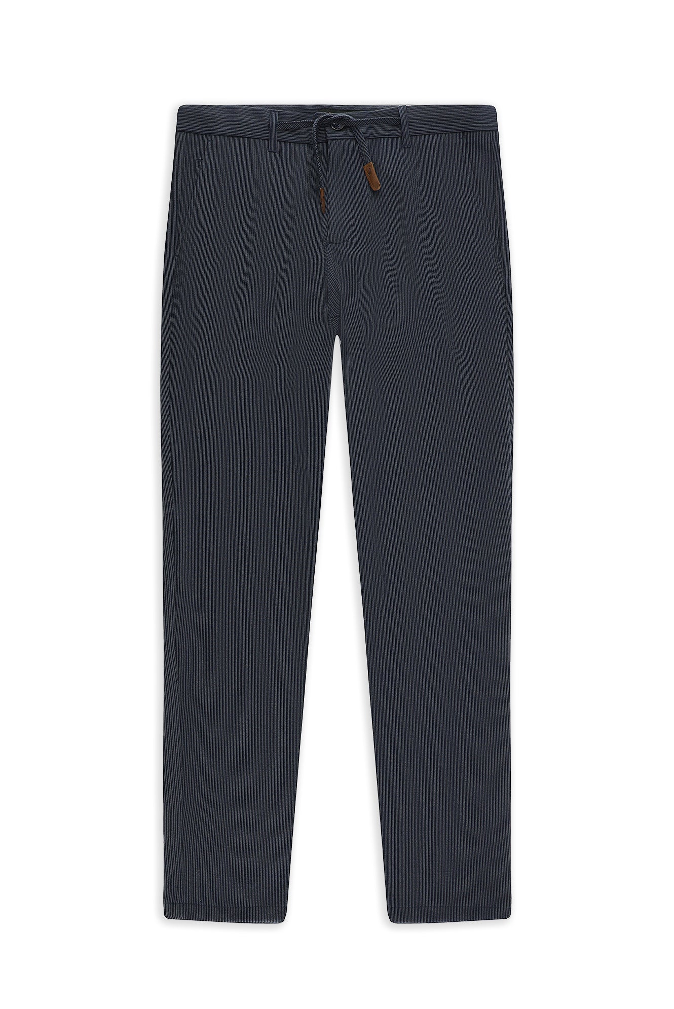 Orta Lacivert Regular Fit Beli İpli Likralı Gofre Klasik Kumaş Pantolon