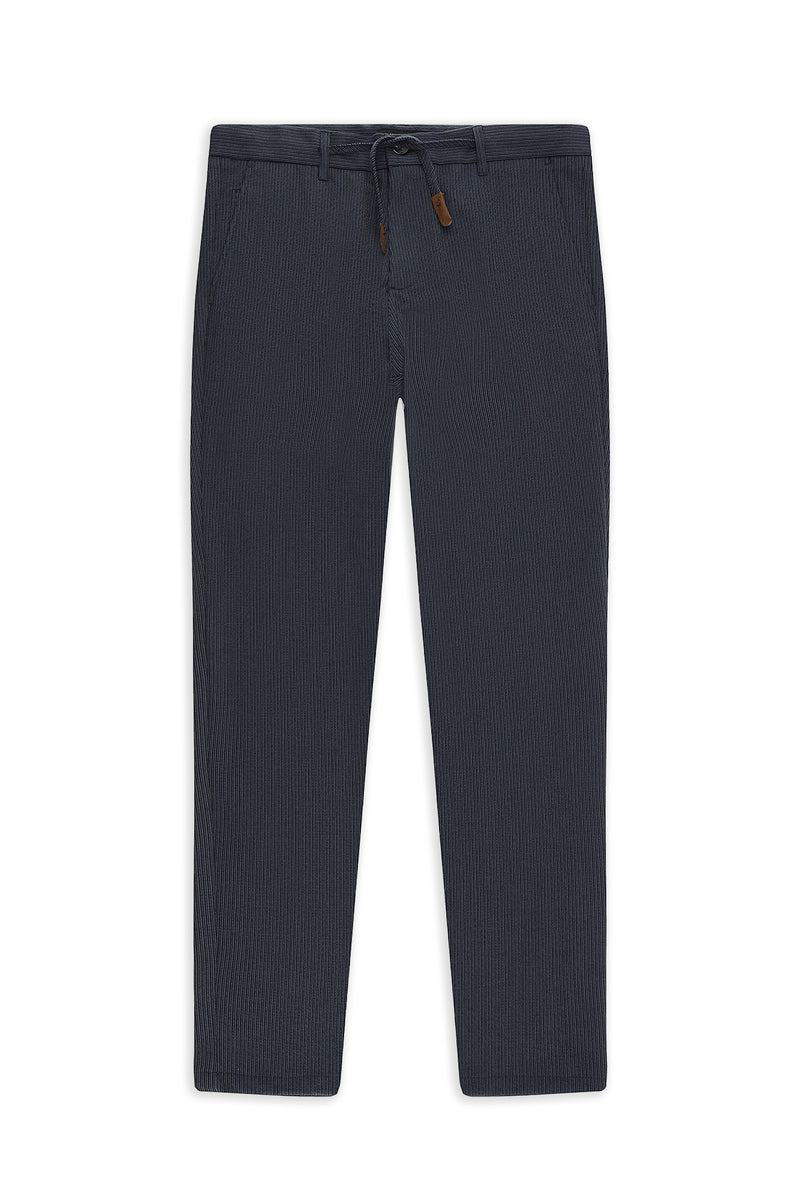 Orta Lacivert Regular Fit Beli İpli Likralı Gofre Klasik Kumaş Pantolon
