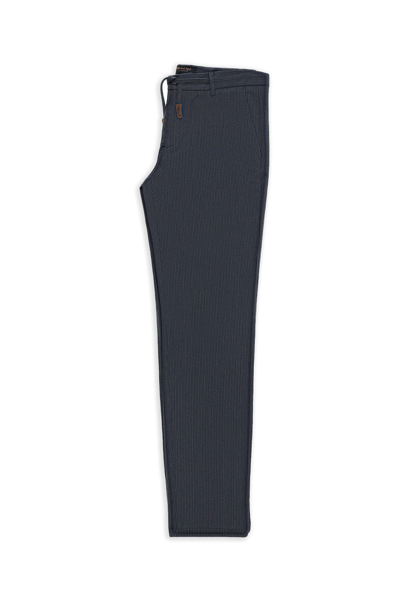 Orta Lacivert Regular Fit Beli İpli Likralı Gofre Klasik Kumaş Pantolon