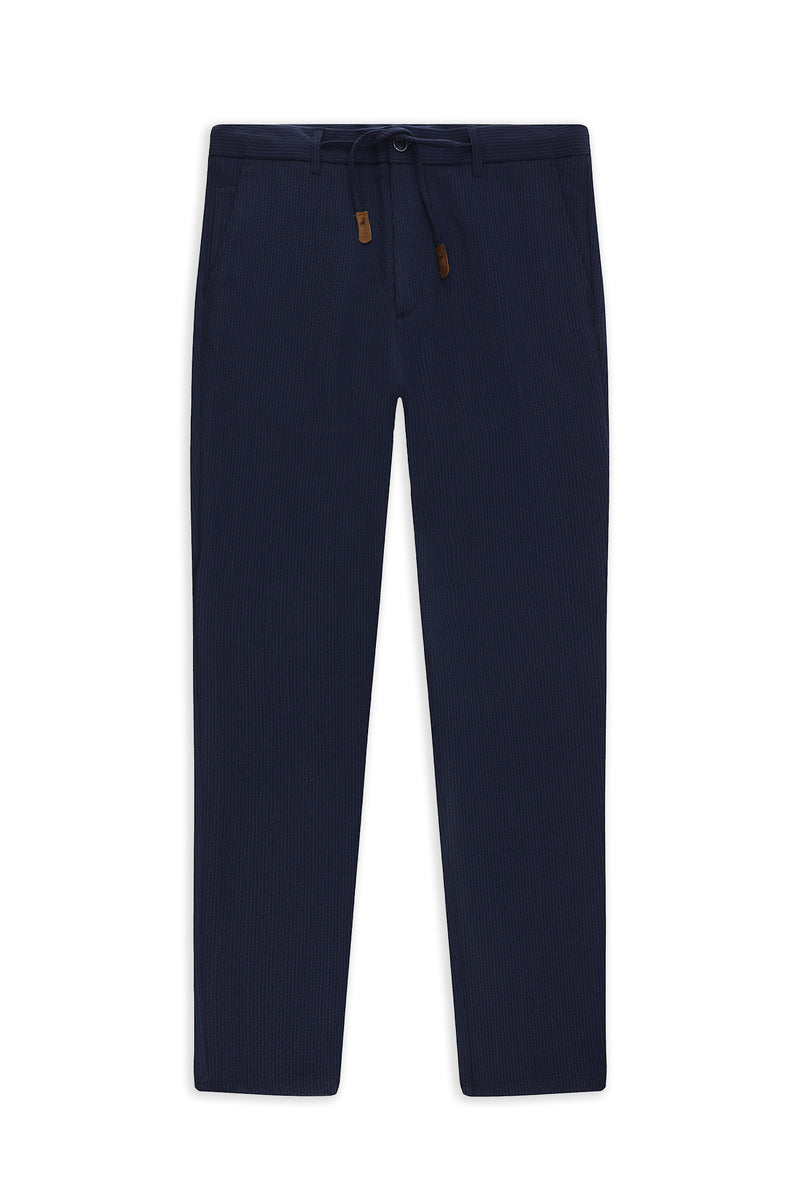 Koyu Lacivert Regular Fit Beli İpli Likralı Gofre Klasik Kumaş Pantolon