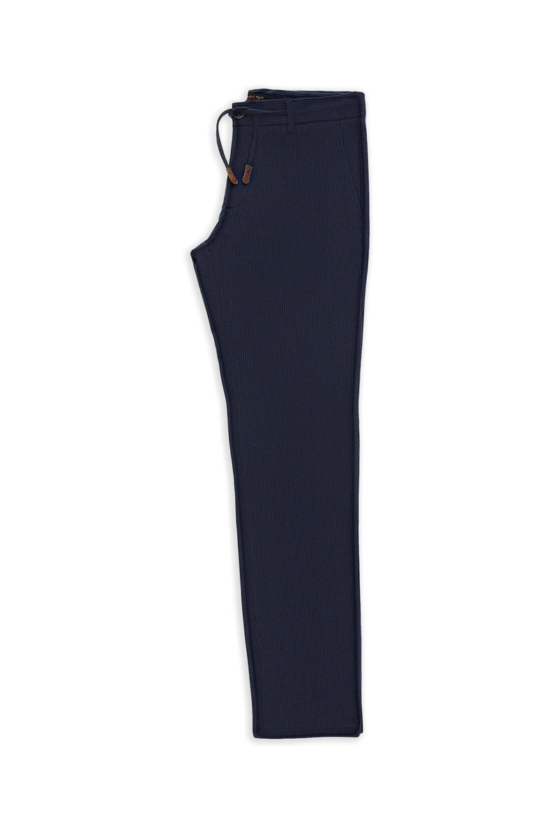 Koyu Lacivert Regular Fit Beli İpli Likralı Gofre Klasik Kumaş Pantolon